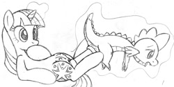 Size: 900x452 | Tagged: explicit, artist:tg-0, spike, twilight sparkle, anal insertion, anus, crotchboobs, dildo, doubleheaded dildo, dragon, female, female on male, foalcon, g4, imported from derpibooru, insertion, interspecies, levitation, magic, male, monochrome, nipples, nudity, pegging, pony, sex, sex toy, ship:twispike, shipping, sketch, straight, strapon, teats, unicorn, unicorn twilight, vaginal insertion, vulva