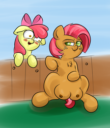 Size: 988x1144 | Tagged: questionable, artist:wizardski, apple bloom, babs seed, big crotchboobs, blushing, chest fluff, crotchboobs, earth pony, female, fence, foalcon, g4, huge crotchboobs, implied incest, imported from derpibooru, impossibly large crotchboobs, lesbian, nipples, nudity, pony, ship:appleseed, shipping, smirk