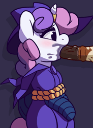 Size: 500x682 | Tagged: explicit, artist:zonkpunch, button mash, sweetie belle, animated, balls, blinking, blowjob, blushing, bondage, cheek bulge, clothed sex, clothes, costume, dead source, deepthroat, drool, eyes closed, eyes on the prize, facefuck, female, foalcon, g4, gif, horn, horn ring, horsecock, imported from derpibooru, magic suppression, male, maledom, mare do well, nudity, oral, penis, pony, rope, sex, straight, sweetie do well, tied up