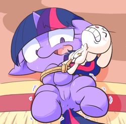 Size: 750x737 | Tagged: explicit, artist:nyankamedon, twilight sparkle, angel bunny, angel is a bunny bastard, bondage, cute, filly, filly twilight sparkle, foal, foalcon, g4, imminent foalcon, imminent rape, implied interspecies, implied rape, imported from derpibooru, interspecies, nudity, open mouth, pixiv, pony, screaming, unicorn, unicorn twilight, vulva, younger