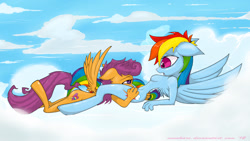 Size: 1920x1084 | Tagged: questionable, artist:munkari, rainbow dash, scootaloo, age difference, alternate cutie mark, anthro, barbie doll anatomy, breasts, cloud, featureless breasts, female, floppy ears, foalcon, g4, implied cunnilingus, implied oral, implied sex, imported from derpibooru, lesbian, mile high club, nudity, on a cloud, pegasus, ship:scootadash, shipping, sky, softcore, unguligrade anthro