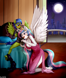 Size: 2040x2420 | Tagged: explicit, artist:anibaruthecat, princess celestia, oc, oc:rally flag, anthro, apartment, ball fondling, balls, banned from derpibooru, bed, blowjob, blushing, bottomless, breasts, busty princess celestia, canon x oc, clothes, dress, equestria girls, female, grope, handjob, imported from twibooru, licking, licking cock, male, manehattan, night, nudity, oral, partial nudity, penis, principal celestia, rallylestia, sex, shipping, shotacon, straight, straight shota, suit, tongue out, underage