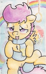 Size: 734x1161 | Tagged: explicit, artist:slightlyshade, rainbow dash, scootaloo, blushing, female, foalcon, g4, hoofing, imported from derpibooru, lesbian, mare on filly, nudity, ship:scootadash, shipping, traditional art, vagina