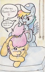 Size: 737x1158 | Tagged: explicit, artist:slightlyshade, rainbow dash, scootaloo, aftersex, blushing, coach, female, foalcon, g4, gym, imported from derpibooru, lesbian, mare on filly, ship:scootadash, shipping, traditional art