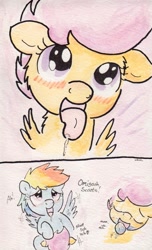 Size: 737x1210 | Tagged: explicit, artist:slightlyshade, rainbow dash, scootaloo, blushing, cunnilingus, cute, cute porn, female, foalcon, g4, imported from derpibooru, lesbian, mare on filly, ship:scootadash, shipping, traditional art