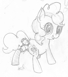 Size: 891x1002 | Tagged: explicit, artist:a6p, pinkie pie, anal, anus, butt, colt, colt on filly, cum, disembodied penis, double penetration, female, filly, foal, foalcon, g4, imported from derpibooru, male, monochrome, nudity, penis, plot, pony, pony on pony action, straight, vaginal