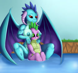 Size: 1332x1240 | Tagged: questionable, artist:exelzior, spike, anthro, banned from derpibooru, big breasts, blue nipples, boob smothering, breasts, busty princess ember, diamond markings, dragon, embarrassed, emberspike, female, head between breasts, implied erection, imported from twibooru, male, nipples, nudity, older female, pond, princess ember, scrunchy face, shipping, shotacon, sitting, smothering, straight, straight shota, underage, water, wings, younger male
