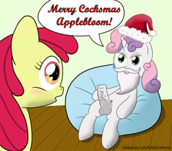 Size: 2500x2200 | Tagged: explicit, artist:kinkycelestia, apple bloom, sweetie belle, balls, beard, christmas, foalcon, futa, futa sweetie belle, g4, hat, holiday, horsecock, imported from derpibooru, intersex, nudity, penis, santa hat, ship:sweetiebloom