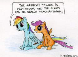 Size: 500x366 | Tagged: questionable, artist:el-yeguero, rainbow dash, scootaloo, female, foalcon, g4, imported from derpibooru, mare, masturbation, pegasus, pony, text