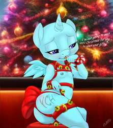 Size: 1200x1350 | Tagged: explicit, artist:miniferu, oc, alicorn, anthro, ass, banned from derpibooru, butt, christmas, clothes, commission, female, harness, holiday, imported from twibooru, lolicon, nipples, nudity, panties, pony, ribbon, solo, tack, thong, tongue out, underage, underwear, ych example, your character here