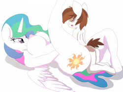 Size: 1900x1416 | Tagged: explicit, artist:phyll, princess celestia, anthro, banned from derpibooru, bedroom eyes, big breasts, breasts, busty princess celestia, eyes closed, female, imported from twibooru, male, missionary position, moaning, on back, open mouth, piplestia, pipsqueak, raised leg, sex, shotacon, size difference, smiling, spread wings, straight, straight shota, tongue out, underage, wings