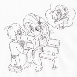 Size: 1200x1200 | Tagged: suggestive, artist:datspaniard, rarity, oc, banned from derpibooru, bench, equestria girls, female, flower, implied foalcon, imported from twibooru, male, monochrome, shotacon, straight, straight shota, the implications are horrible, thought bubble, traditional art, underage
