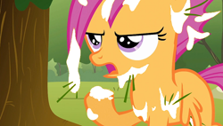 Size: 640x363 | Tagged: explicit, scootaloo, covered, cum, edit, female, foalcon, g4, imported from derpibooru, my little pony: friendship is magic, screencap, the cutie mark chronicles, tree, unamused