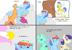 Size: 1033x727 | Tagged: explicit, princess celestia, rainbow dash, scootaloo, arnbow dah, bon bon, comic, dolan, female, foalcon, g4, imported from derpibooru, lesbian, lyra heartstrings, mare on filly, ms paint, princess molestia, royal guard, ship:scootadash, shipping, sweetie drops, tribadism