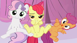 Size: 1280x720 | Tagged: explicit, artist:deathsia, apple bloom, scootaloo, sweetie belle, 1000 years in photoshop, crappy art, crotchboobs, cutie mark crusaders, female, foalcon, g4, imported from derpibooru, nipples, nudity, show accurate, show accurate porn, teats, vagina