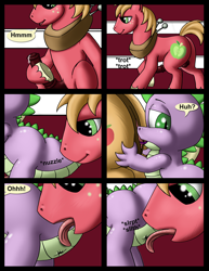 Size: 980x1268 | Tagged: explicit, artist:cobramcjingleballs, applejack, spike, comic:crazy mares, analingus, anus, balls, big macintosh, bisexual, butt, comic, cunnilingus, dragon, earth pony, foalcon, g4, gay, genitals, imported from derpibooru, interspecies, male, nudity, oral, penis, plot, pony, pony on dragon action, sex, ship:spikentosh, shipping, stallion, straight, vagina, vulva