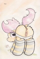 Size: 723x1059 | Tagged: explicit, artist:slightlyshade, scootaloo, anus, butt, clothes, female, foalcon, g4, imported from derpibooru, looking at you, looking back, nudity, panties, panties around legs, panties pulled down, plot, pony, presenting, socks, solo, solo female, striped socks, traditional art, underwear, vagina, white underwear