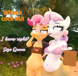 Size: 2206x2140 | Tagged: explicit, artist:littlesocks3, scootaloo, sweetie belle, series:littlesocks, anthro, banned from derpibooru, cum, facial, female, imported from twibooru, lolicon, pegasus, public, underage, unicorn, wingding eyes