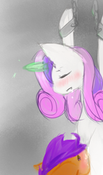 Size: 574x970 | Tagged: explicit, artist:gamerlake, sweetie belle, oc, oc:tagalong, blushing, bondage, canon x oc, cunnilingus, eyes closed, female, foalcon, g4, imported from derpibooru, magic, magic aura, magical stimulation, male, oral, pony, straight, vagina, vaginal secretions