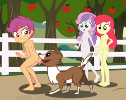 Size: 2500x1983 | Tagged: explicit, artist:succubi samus, apple bloom, scootaloo, sweetie belle, animal, banned from derpibooru, bestiality, breasts, butt, children, dog, equestria girls, female, fetish, human on dog action, imported from twibooru, interspecies, licking butt, lolicon, nipples, nudity, outdoors, scootabutt, solo, solo female, underage, winona