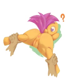 Size: 1200x1200 | Tagged: explicit, artist:rigi, scootaloo, anus, defloration, female, foalcon, g4, holding legs, human, human on pony action, imminent rape, imported from derpibooru, nudity, pony, question mark, spreading, suspended, upside down, vagina, virgin