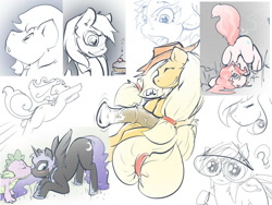 Size: 1000x750 | Tagged: explicit, artist:addickted, artist:mio_hooves, applejack, pinkie pie, spike, age difference, alicorn, blushing, doodle, dragon, earth pony, female, foalcon, futa, futa applejack, g4, imported from derpibooru, intersex, kissing, male, nightmare moon, nudity, penis, pony, ship:spikemoon, shipping, sketch, sketch dump, straight, wingless spike