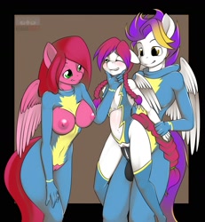 Size: 1500x1620 | Tagged: explicit, artist:kloudmutt, oc, oc:bubblegum, oc:rainshine, oc:skyheart, abdominal bulge, anthro, balls, blushing, breasts, delicious flat chest, father and child, father and daughter, female, foalcon, imported from derpibooru, incest, male, nipples, nudity, oc only, penis, sex, size difference, straight, vagina, vaginal, wonderbolts uniform