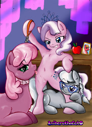 Size: 1700x2338 | Tagged: explicit, artist:anibaruthecat, diamond tiara, silver spoon, apple, belly button, big macintosh, bondage, cheerilee, chris hansen in the comments, collar, drool, drool string, earth pony, female, femdom, filly, foal, foalcon, foaldom, food, g4, genitals, glasses, implied cheerimac, implied shipping, implied straight, imported from derpibooru, leash, lesbian, licking, male, mare, mare on filly, nudity, photo, pony, smiling, stallion, tongue out, vulva