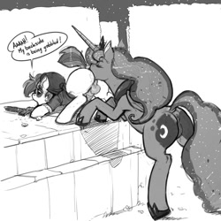 Size: 800x800 | Tagged: explicit, artist:kevinsano, princess luna, age difference, alicorn, analingus, analingus on male, anus, ass up, backside gobbling, balls, butt, colt, drool, duo, earth pony, eat the booty like groceries, eyes closed, face down ass up, female, female on male, female on male analingus, foal, foalcon, funny porn, g4, grayscale, imported from derpibooru, male, mare, mare on colt, monochrome, nudity, open mouth, oral, pipsqueak, plot, ponut, pony, raised tail, sex, ship:lunapip, straight, straight shota, tongue out, vulva, wooden sword