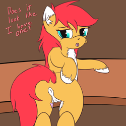 Size: 500x500 | Tagged: explicit, artist:vixyhooves, oc, oc:vixy hooves, anus, blank flank, female, foalcon, imported from derpibooru, nudity, oc only, presenting, solo, solo female, table, vagina