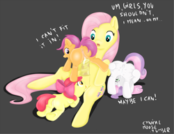 Size: 1280x981 | Tagged: explicit, artist:cynicalmoose, apple bloom, fluttershy, scootaloo, sweetie belle, anus, balls, butt, cum, cutie mark crusaders, foalcon, futa, futa fluttershy, g4, imported from derpibooru, intersex, nudity, oral, penis, plot, presenting, spreading, vagina