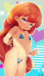 Size: 962x1647 | Tagged: questionable, artist:born-to-die, abstract background, adorasexy, banned from derpibooru, belly button, bikini, bikini pull, blue bikini, bow, breasts, cameltoe, child, clothes, cute, delicious flat chest, equestria girls, erect nipples, female, hair bow, heart print swimsuit, imported from twibooru, light skin, lolicon, long hair, looking at you, megan williams, nipple outline, open smile, panties, pubis, sexy, signature, solo, solo female, swimsuit, teasing, thong, underage, underwear
