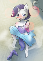 Size: 1447x2039 | Tagged: suggestive, artist:yajima, rarity, anthro, banned from derpibooru, barefoot, blushing, crossdressing, elusive, feet, high heels, imported from twibooru, male, pixiv, rule 63, shoes, shotacon, solo, solo male, underage