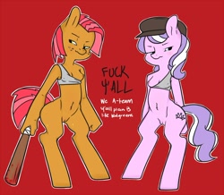 Size: 1000x871 | Tagged: explicit, artist:antelon, babs seed, diamond tiara, anthro, baseball bat, belly button, bipedal, blank flank, bottomless, breasts, clothes, dead source, earth pony, female, females only, foalcon, freckles, g4, hat, imported from derpibooru, nipples, nudity, vulgar, vulva, wardrobe malfunction