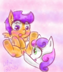 Size: 614x702 | Tagged: explicit, artist:danadyu, scootaloo, sweetie belle, blushing, cute, cute porn, female, foalcon, g4, imported from derpibooru, lesbian, vagina