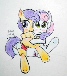 Size: 486x552 | Tagged: explicit, artist:danadyu, scootaloo, sweetie belle, butt, female, foalcon, g4, imported from derpibooru, lesbian, nudity, plot, vagina