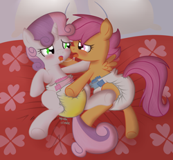 Size: 1680x1560 | Tagged: questionable, artist:fillyscoots42, scootaloo, sweetie belle, abdl, after kiss, bed, bedroom, blushing, diaper, diaper belle, diaper fetish, diaper usage, diapered, diapered filly, diaperloo, drool, drool string, female, fetish, filly, foal, foalcon, g4, hoofing, horn, imported from derpibooru, kissing, lesbian, mare, non-baby in diaper, pegasus, pissing, pony, poofy diaper, rubbing, ship:scootabelle, shipping, sloppy kissing, spit, touching diaper, unicorn, urine, used diaper, using diaper, watersports, wet diaper