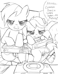 Size: 1656x2109 | Tagged: explicit, artist:tricksta, rainbow dash, scootaloo, casual masturbation, dialogue, duo, female, foalcon, g4, imported from derpibooru, lesbian, masturbating together, masturbation, playstation, pony, sex toy, ship:scootadash, shipping, vaginal, vaginal secretions, vibrator, video game, vulva