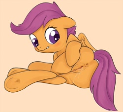 Size: 1280x1164 | Tagged: explicit, artist:zokkili, scootaloo, anus, clitoris, female, foalcon, g4, human vulva, human vulva on pony, imported from derpibooru, nudity, on side, pegasus, pony, scootabutt, solo, solo female, vaginal secretions, vulva