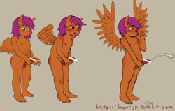 Size: 1695x1080 | Tagged: explicit, artist:knpn, scootaloo, anthro, banned from derpibooru, breasts, cum, delicious flat chest, futa, futa scootaloo, imported from twibooru, intersex, masturbation, nipples, nudity, orgasm, penis, scootaflat, shotacon, simple background, solo, solo futa, underage