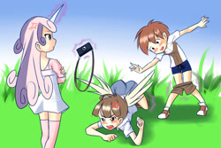 Size: 1024x683 | Tagged: suggestive, artist:drantyno, sweetie belle, banned from derpibooru, camera, clothes, edit, featherweight, horn, horned humanization, human, humanized, imported from twibooru, pipsqueak, prank, shotacon, underage, underwear, winged humanization, wings