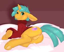 Size: 1075x878 | Tagged: explicit, artist:leosaeta, anus, balls, bed, blushing, bottomless, butt, clothes, foalcon, g4, horn, imported from derpibooru, male, nudity, plot, pony, snailbutt, snails, solo, solo male, sweater, taint, unicorn