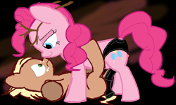 Size: 1233x738 | Tagged: explicit, pinkie pie, oc, oc:treebark, age difference, antlers, bedroom eyes, boop, canon x oc, colt, do or deer, edit, eye contact, female, female on male, femdom, foal, foalcon, frown, g4, imminent sex, imported from derpibooru, looking at each other, male, mare, mare on colt, missionary position, noseboop, on back, pegging, pinkiebark, pony, profile, raised tail, scared, sex toy, smiling, straight, straight shota, strapon, tail, tail aside