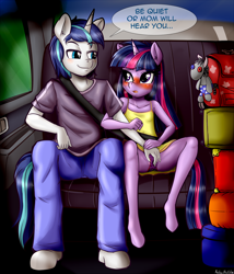 Size: 2596x3036 | Tagged: explicit, artist:anibaruthecat, shining armor, twilight sparkle, alternate version, anthro, backseat, banned from derpibooru, blushing, car, clothes, dress, female, fingering, imported from twibooru, incest, jeans, lolicon, luggage, male, panties, pants, seatbelt, sex, shotacon, smarty pants, speech bubble, spread legs, spreading, stealth sex, thrill of almost being caught, underage, underwear, unguligrade anthro, vaginal secretions, younger
