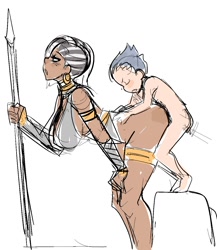 Size: 1070x1231 | Tagged: explicit, artist:maniacpaint, banned from derpibooru, human, humanized, imported from twibooru, rumble, sex, shotacon, simple background, sketch, spear, straight, straight shota, underage, weapon, white background, zecora