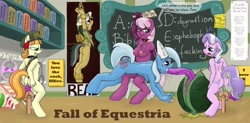 Size: 2200x1080 | Tagged: explicit, grimdark, artist:smudge proof, diamond tiara, abuse, anal, anal insertion, anal thlut, anthro, bedroom eyes, body writing, bondage, bondage furniture, book, bookshelf, breasts, busty cheerilee, chalkboard, charity, cheerilee, classroom, clothes, collar, crying, daring abuse, daring do, dildo, earth pony, fall of equestria, female, female on female rape, females only, foalcon, g4, implied twist, imported from derpibooru, insertion, lesbian, mare, nudity, over the knee, paddle, pegasus, ponyville schoolhouse, poster, punishment, rape, read, sex slave, sex toy, slave, spanking, straight, tag-a-long, tentacle porn, tentacle rape, tentacles, text, thin mint, thlut, torn clothes, trixie, trixiebuse, unicorn, whip marks