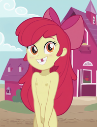 Size: 1248x1637 | Tagged: questionable, editor:anonymous, apple bloom, ai content, ai generated, apple bloom's bow, banned from derpibooru, belly button, bow, breasts, child, delicious flat chest, edit, equestria girls, exhibitionism, female, hair bow, imported from twibooru, lolicon, looking at you, nipples, nudity, outdoors, prompter:anonymous, smiling, solo, solo female, standing, sweet apple acres, tooth gap, underage