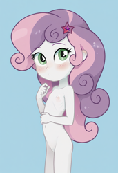 Size: 1248x1824 | Tagged: explicit, sweetie belle, ai content, ai generated, banned from derpibooru, belly button, breasts, child, delicious flat chest, equestria girls, female, imported from twibooru, lolicon, looking at you, nipples, nudity, prompter:anonymous, simple background, solo, solo female, standing, underage