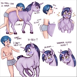 Size: 1080x1080 | Tagged: questionable, artist:xkaix2501, oc, banned from derpibooru, blushing, boxers, clothes, crotch bulge, dialogue, female, human, implied human on pony action, implied interspecies, imported from twibooru, male, oc only, pony, shotacon, straight, underage, underwear