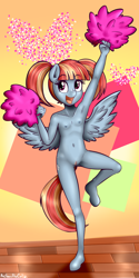 Size: 900x1800 | Tagged: explicit, artist:anibaruthecat, anthro, armpits, banned from derpibooru, belly button, breasts, cheerleader, cute, delicious flat chest, female, heart, hoof feet, imported from twibooru, lolicon, nipples, nudity, pegasus, pigtails, pom pom, solo, solo female, underage, unguligrade anthro, vulva, windy whistles, younger
